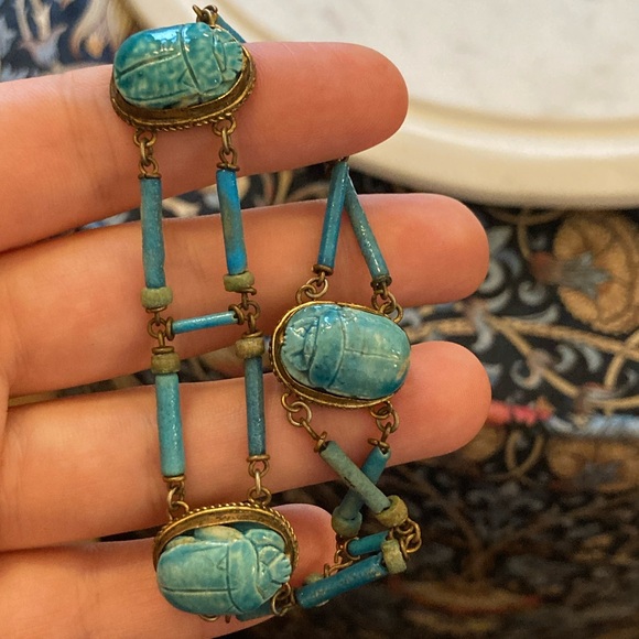 Antique Scarab Beetle Victorian or Art Deco Egyptian Revival Faience Bracelet